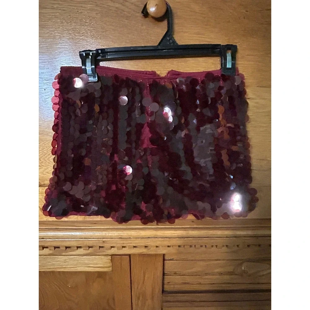Y2K Festival Clubwear Burgundy Disc Sequin Mini‎ Skirt Party Night Out Disco